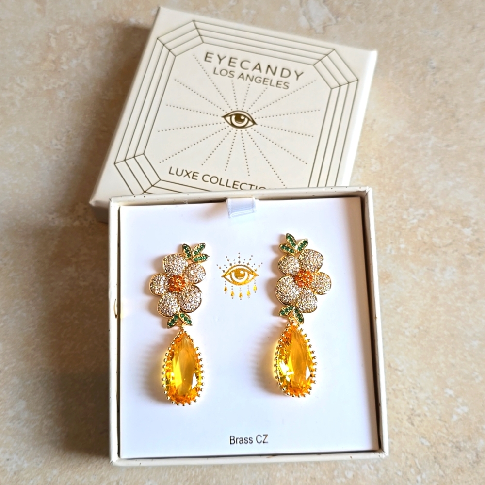 Rhinestone dangle earings floral and citrine colored stone NWT